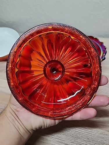 FENTON RUBY RED CARNIVAL IRIDESCENT OGEE 2 Piece CANDY DISH & Lid 7.5"W X 6.5"H - Picture 10 of 16