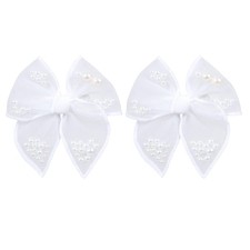 White Pearl Fable Hair Bow Clips for Girls Wedding 4" Mesh Tulle Ribbon Shake...