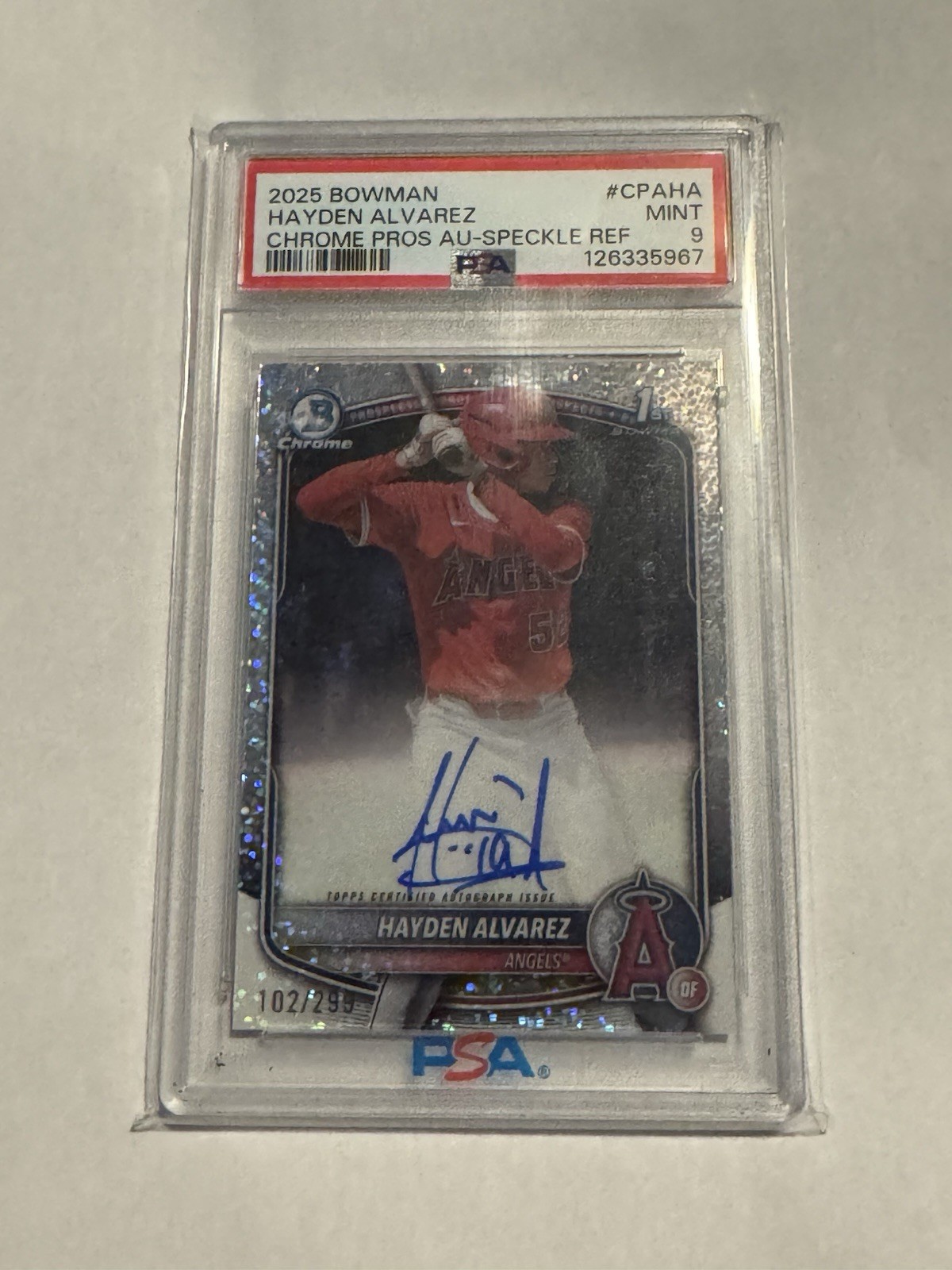 2025 Bowman Chrome Hayden Alvarez CPA-HA Speckle Refractor Auto /299 PSA 9 1stRC