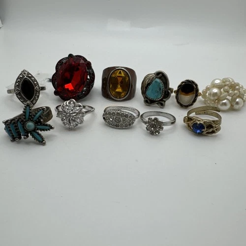 Vintage Ring Lot Rhinestone Statement Cocktail Mixed Styles Gold Silver