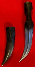 Persian Damascus Jambiya Dagger Knife-Horn Hilt-Raised Rib-Tooled Sheath-c1800