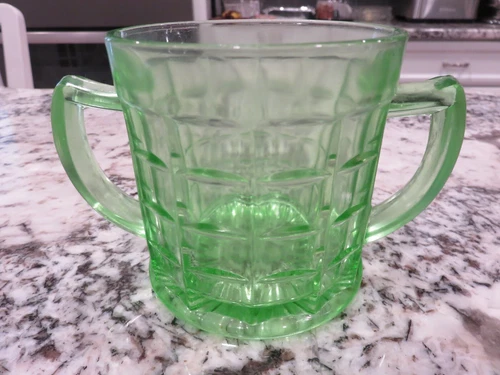 Hazel Atlas Colonial Block Green Depression Uranium Glass Open Sugar Bowl EUC