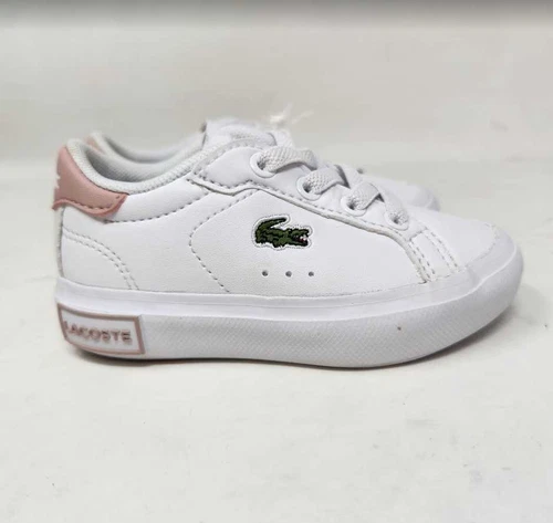 Toddler girl's 5 Lacoste powercourt white pink gator sneakers shoes