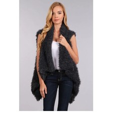 Women's L/xl Draped Chunky Faux Fur Vest Black Fall Winter Boutique