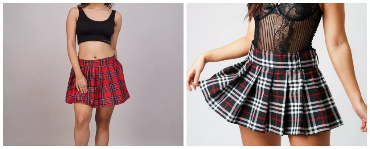 Red/ Black Tartan Pleated Skirt Short High Waist Plaid Women's