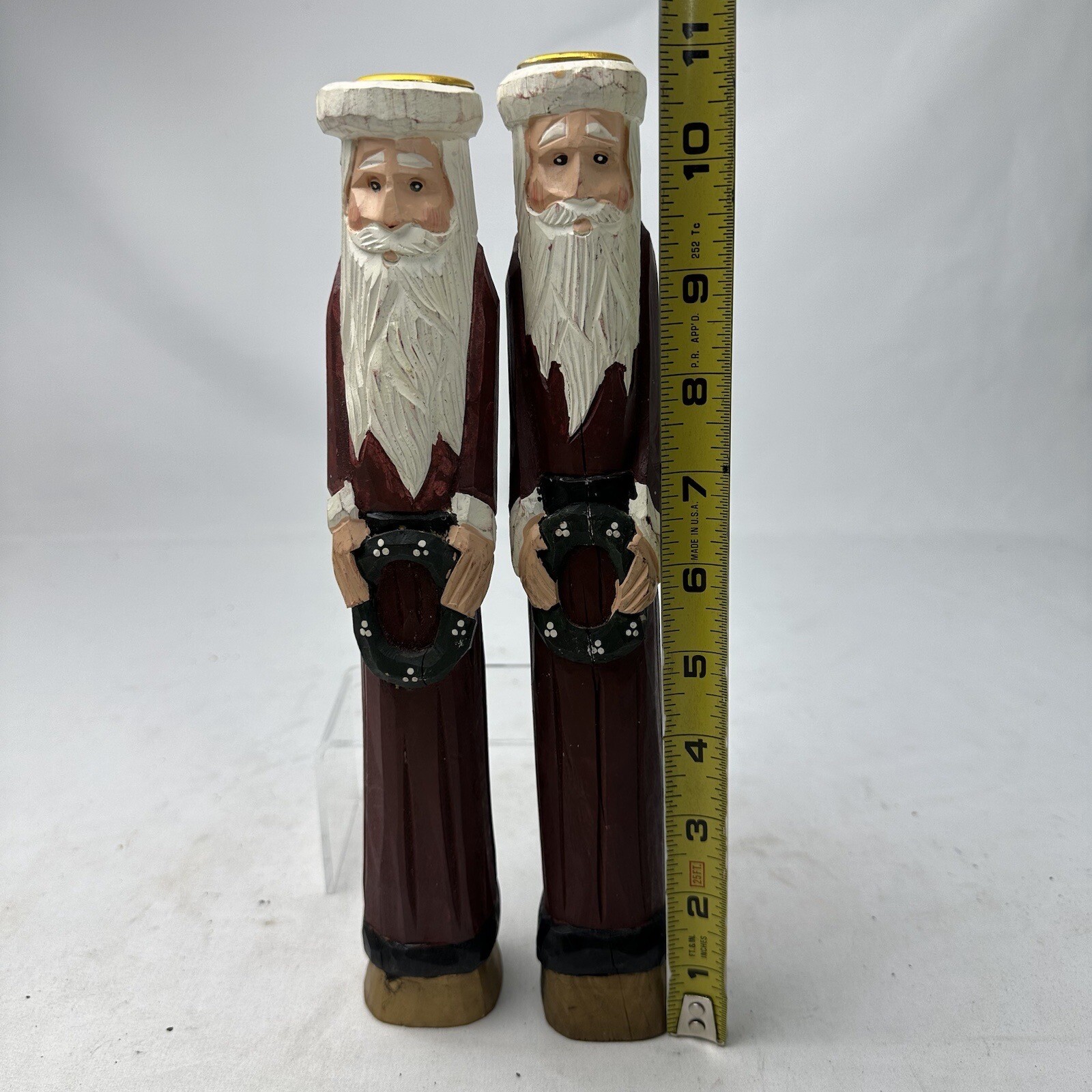 Vintage 10&rdquo; Tall Skinny Santa Wooden Candle Holders Resin Old World Set Of 2