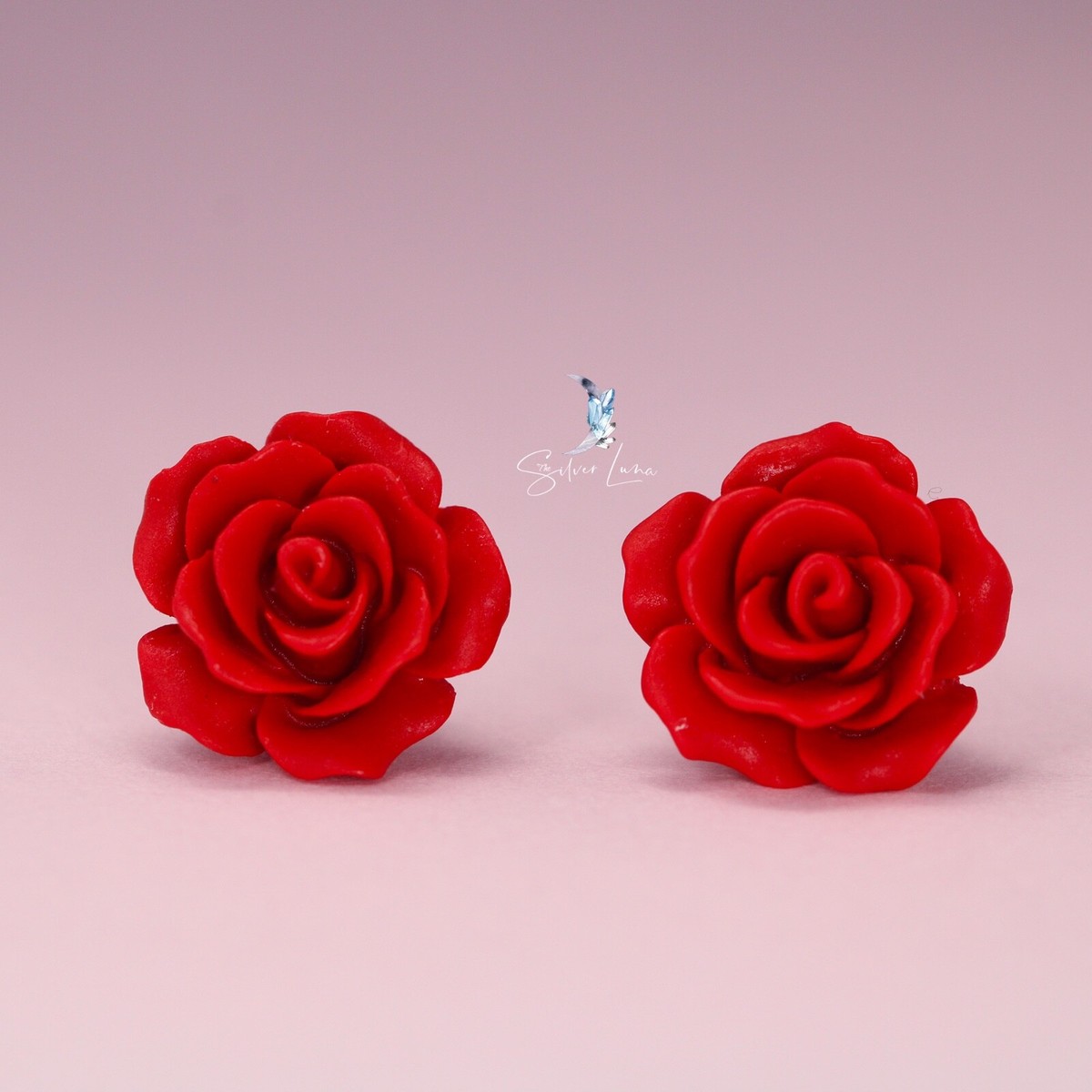 925 sterling silver red resin rose flower stud earrings