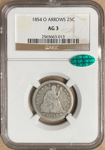 1854-O NGC & CAC AG3 Liberty Seated Quarter 25c New Orleans Mint - Toned Reverse