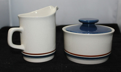 Vintage Stoneware Cream And Sugar Set Japan Ceramic Blue Red Striped