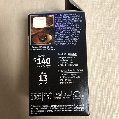 5x GE Dimmable Medium Base A21 LED Light Bulb Soft White 1600 lm 100w 15w - Picture 5 of 6