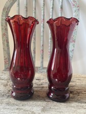 Vintage Anchor Hocking Royal Ruby Red Glass Ruffled Edge Bud Vase x 2