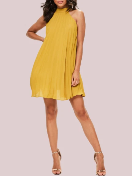 Missguided Yellow Halterneck Pleated Swing Dress UK 10 LN100 HH 04