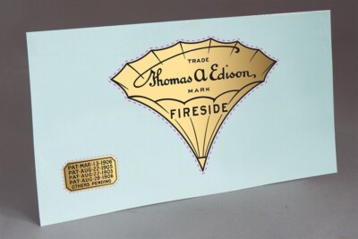 PRECUT 2 EDISON FIRESIDE (BLACK) & PATENT WATER SLIDE DECALS FOR PHONOGRAPH HORN