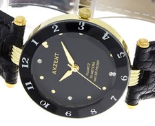 Damenuhr Akzent Cutglas Uhr Farbe gold schwarz Lederband Armbanduhr analog NEU