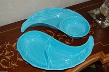 Mid Century California Pottery USA Aqua Turquoise Ocean Waves 2 Pc Chip &Dip Set