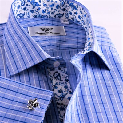 Blue Check  Formal Business Shirt With Blue Paisley Inner Lining Top Quality