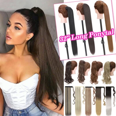 RICH-CHOICES Real Thick Ponytail Clip In as Human Hair Extensions Wrap On Pony Tail Long 32"