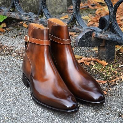 Details about  / Handmade Men/'s Leather Cognac Patina Stylish Ankle High custom made Boots-887
