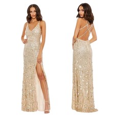 Mac Duggal Nude Silver Sequin Cross Back Floral Bottom Gown Size 4 $398