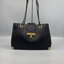 Auth Chanel Classic Shopping Tote Black Quilted Leather CC Gold Shoulder Bag