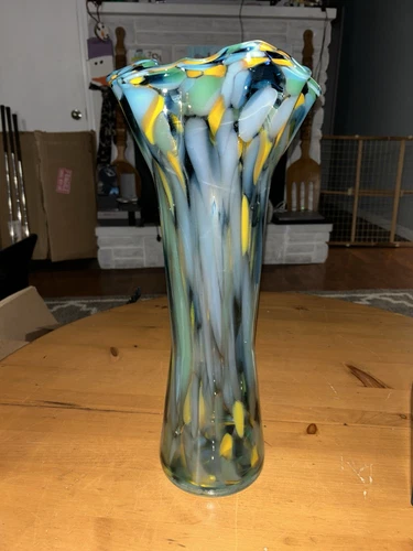 Vtg Large Murano Style Art Glass Vase-Multi-Color-Scallop Top 19”-Excellent Cond
