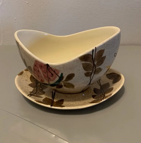 Vintage Red Wing Pottery Tampico Hand Painted Gravy Boat Underplate set - NR!