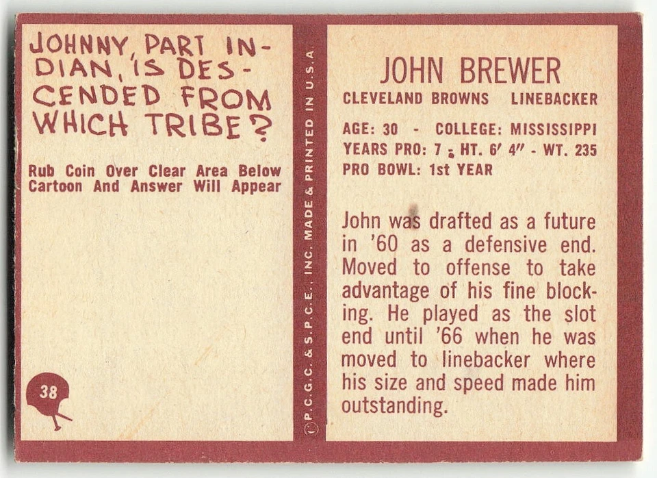 1967 Philadelphia #38 John Brewer FOOTBALL Cleveland Browns - Image 2 of 2