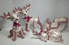 Vintage Kimble Mold Pink Christmas Reindeers And Sled Ceramic Mold Figurines