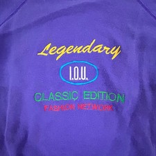 Hanes Sweatshirt Mens Size Large Purple I.O.U. Graphic Raglan USA Made Vintage
