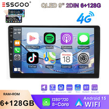 6 128G 9" Double DIN Car Stereo CarPlay GPS Android 15 4 64G QLED Touch Screen