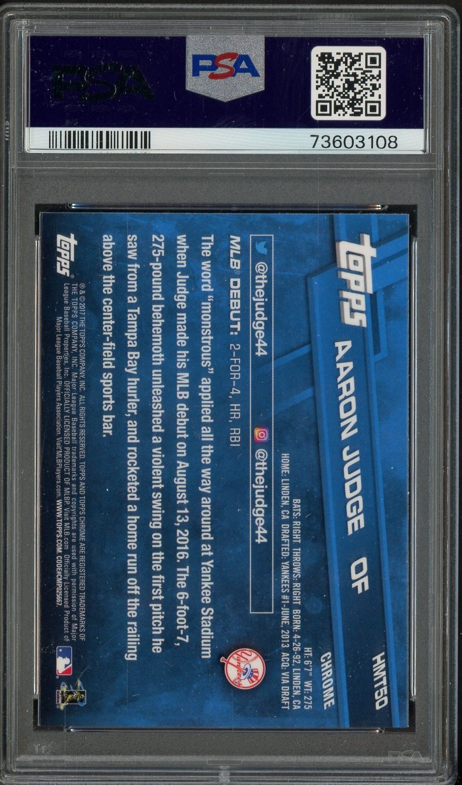#6 2017 Topps Chrome Update #HMT50 Aaron Judge Yankees RC Rookie PSA 10 GEM MINT view 2