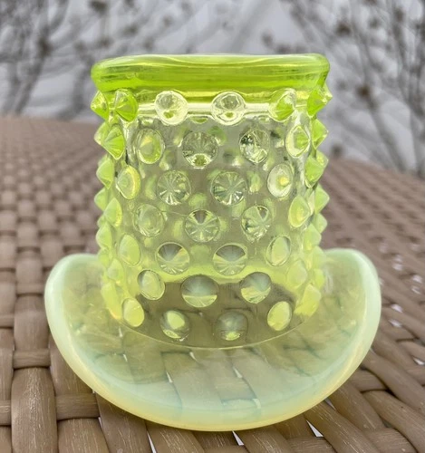 Fenton Topaz Vaseline Opalescent Hobnail Miniature Top Hat. No Damage.