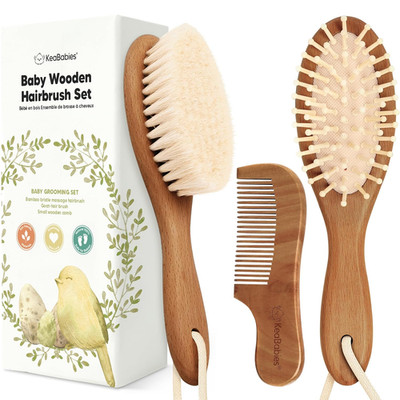 Baby Hair Brush Set for Newborns - Soft Goat Bristle Wooden Baby Brush and Comb