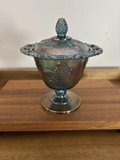 Indiana Blue Carnival Glass Grape Patterned Lace Edge Covered Compote Candy Dish