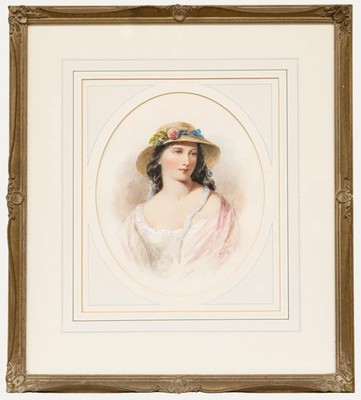 Henry E. Hobson (1820-1881) - 1866 Watercolour, Portrait of a Young Lady in Pink