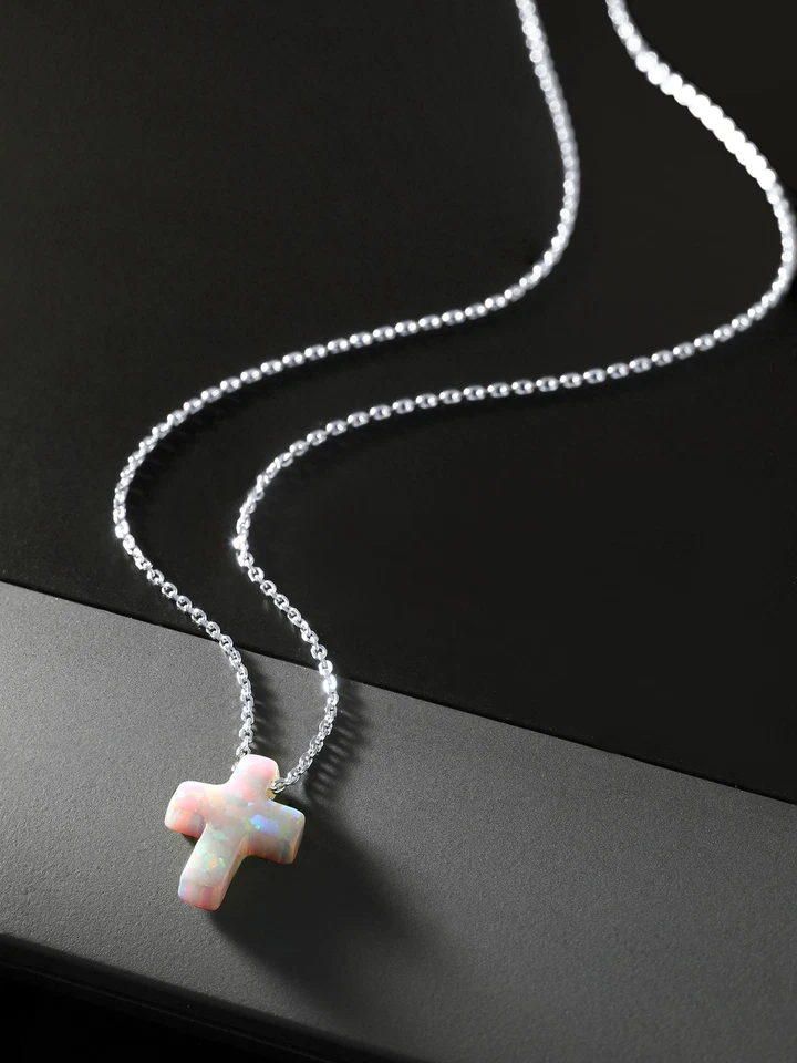Unisex 12MM Created Opal Cross Pendant Necklace | 925 Sterling Silver | With - Image 4 of 4