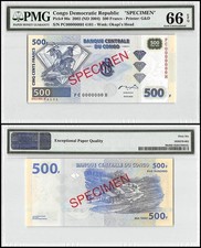 Congo Democratic Republic 500 Francs, 2002-2004, P-96s, Specimen, PMG 66
