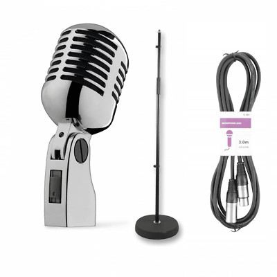 Retro 50er Chrom Mikrofonständer & 2m Kabel Sänger Hommage Bühne Karaoke