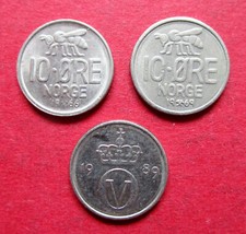 NORWAY THREE  GOOD GRADE  MIXED DATES TEN ORE  VINTAGE COINS  1966 - 1969 & 1989