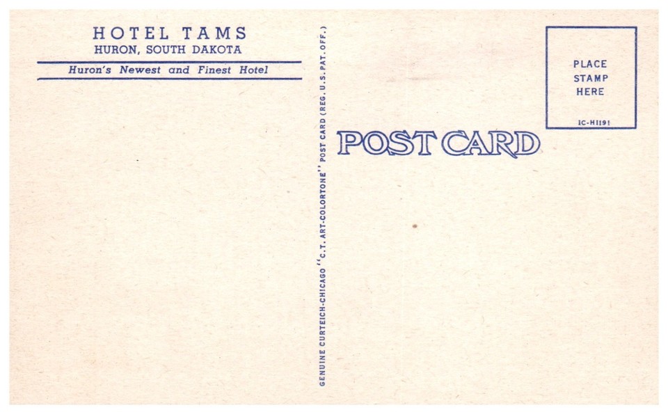 Huron, South Dakota Hotel Tams Motel Advertising Postcard c. 1930's eBay