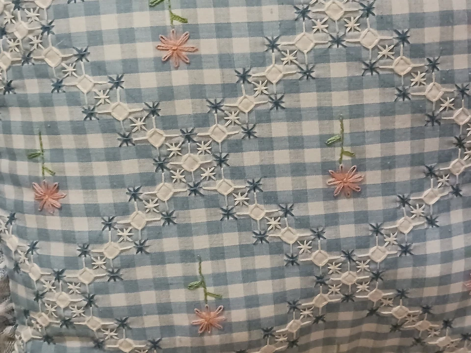 Two Pretty 16” Ruffled Blue Gingham Embroidered Throw Pillows - Image 4 of 4