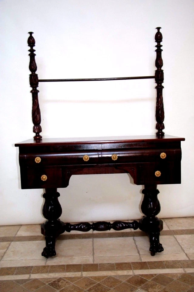 Mesa de escritorio antigua estilo imperio caoba tocador doble pedestal patas patas patas de garra Foto 3 de 4