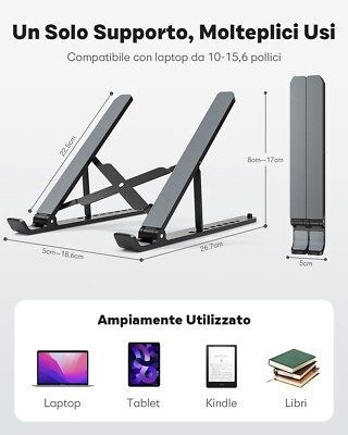 Stand Per Notebook E Tablet Supporto Laptop Pieghevole - Regolabile 6 Angoli, In Alluminio, Per PC E Tablet Fino A 17" Supporto Tablet Ergonomico - Foto 1