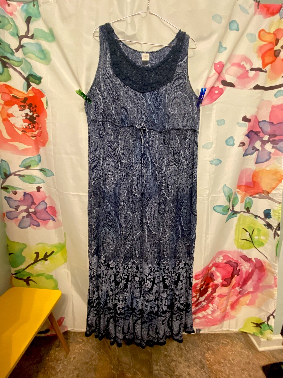 Bila Maxi Dress XL Navy Blue Paisley Sleeveless Boho Beachy Crochet Neckline-image