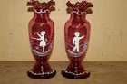 Pair Vintage Fenton Mary Gregory Cranberry Glass Hand Painted 10" Boy Girl Vases
