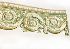 Architectural Beige Tan Gold Swirl Scroll Leaf GREEN Wallpaper Border 13 in HIGH