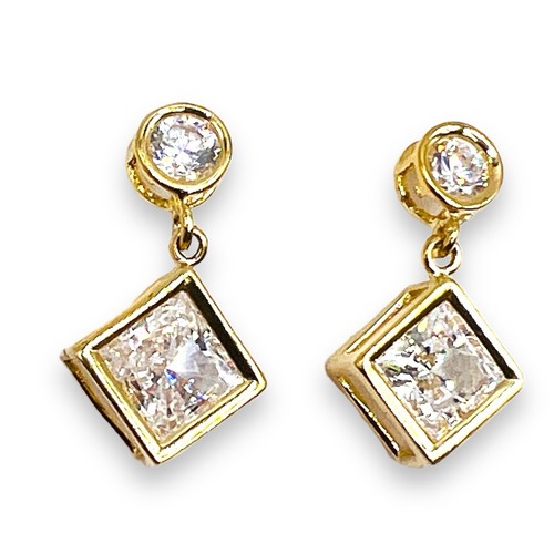 14k Yellow Gold CZ Round Square Dangle Drop Bezel Set Earrings 2.6g - Picture 7 of 13