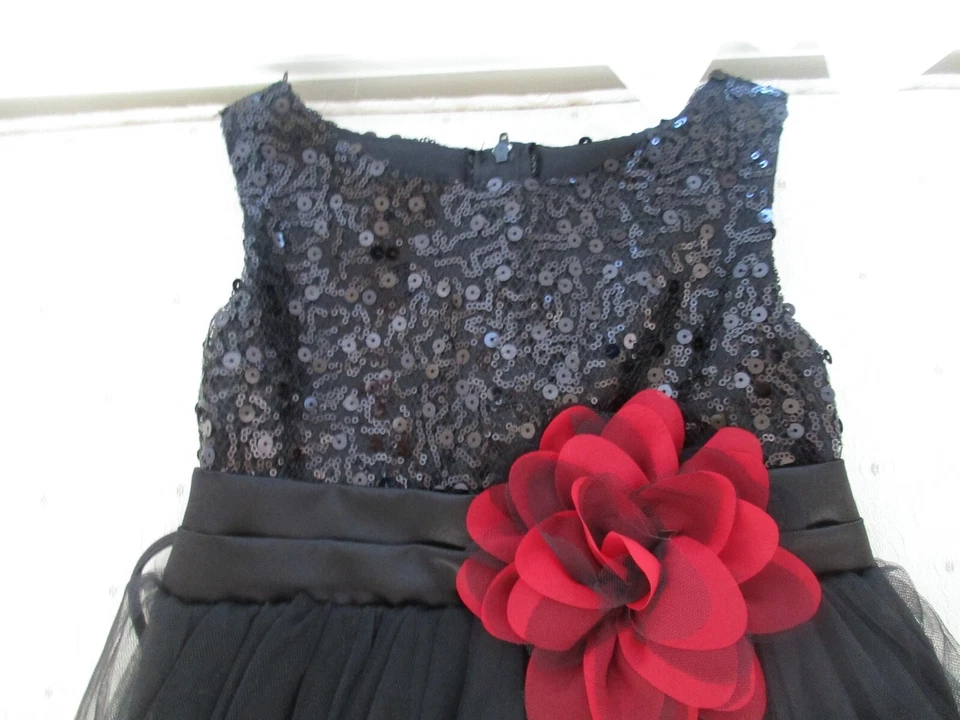 Falda de lentejuelas negras y tul línea A de ensueño para niñas con flor roja, talla US 5/6 Foto 3 de 4