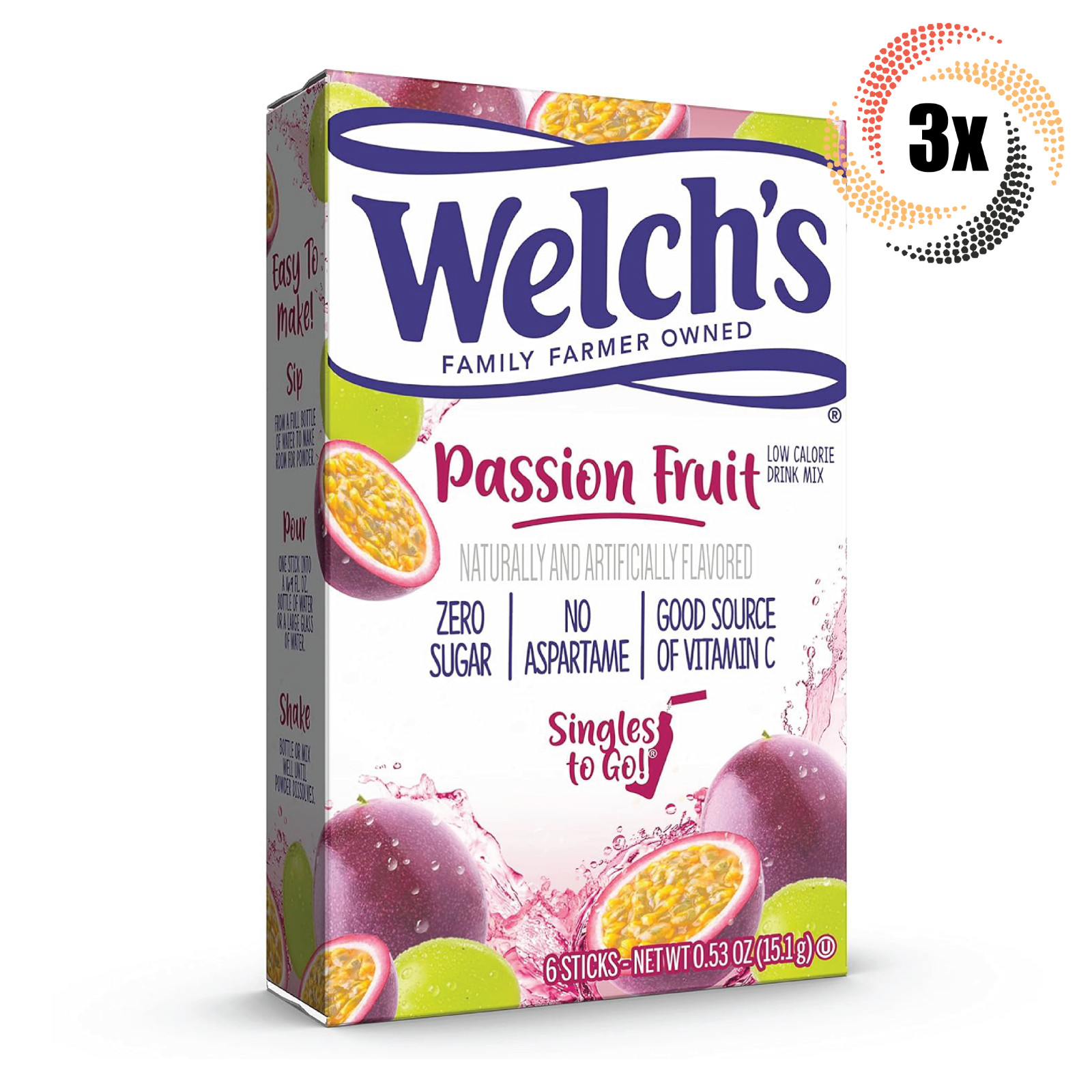 3 упаковки напитка Welchs Singles To Go с маракуйей, 6 порций в упаковке .53 унции