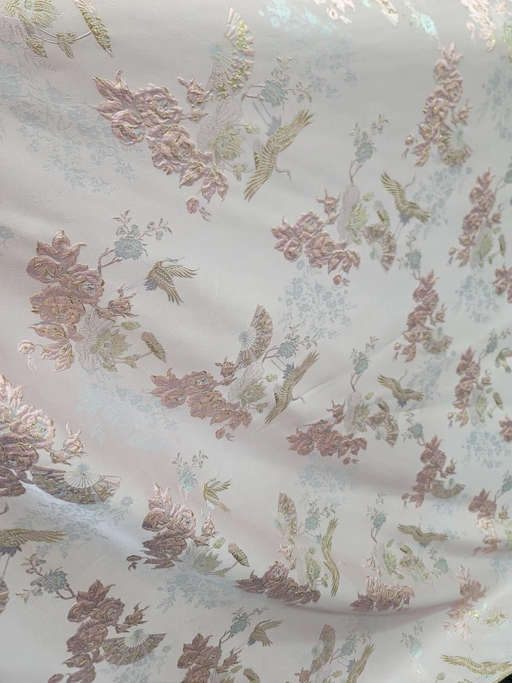 Aqua Blue Floral Gold Metallic Brocade Pink Fabric By The Yard For Dress Upholst - Image 3 of 4